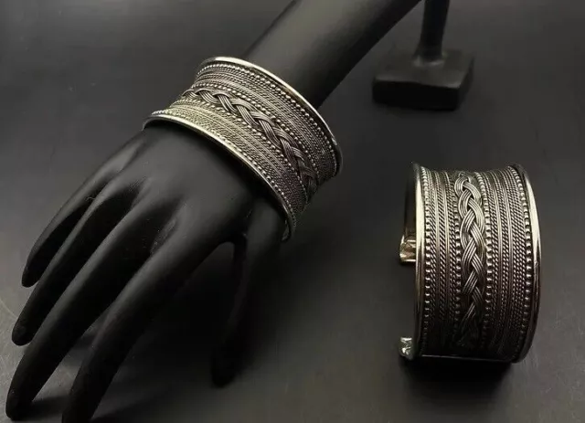 Antikes silbernes Kada-Armreif-Set, indisches oxidiertes Handarmband