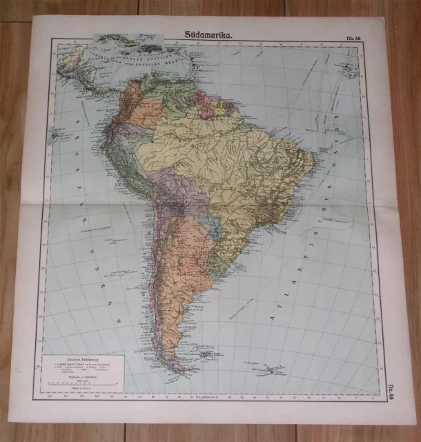 1905 Antique Map Of South America Brazil Argentina Falklands Peru Ecuador