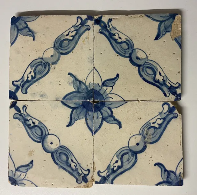 4 antike Fliese Fliesenbild  Portugal Azulejos 17.Jhd. Kachel  Delft Tile