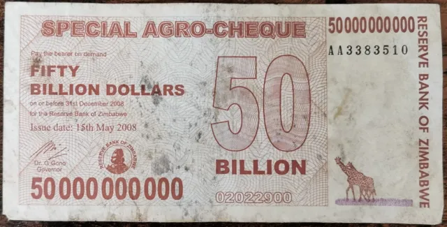 Billet 50.000.000.000 Dollars ZIMBABWE Mai 2008 - 50 milliards billion AA3383510
