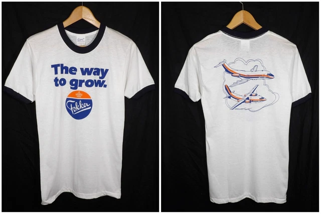 Fokker Vintage Nos Airplane Tee Medium M The Way To Grow Ringer T-Shirt F27 F28