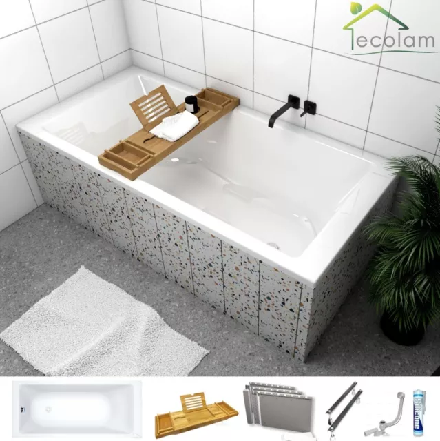 Badewanne Acrylwanne Wanne + Ablage Bambus 190x90 cm Styroporverkleidung Siphon