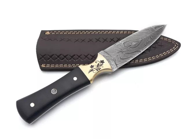 Handmade Damascus Steel Fixed Blade Knife -Full Tang, Brass Engraved Bolster 3