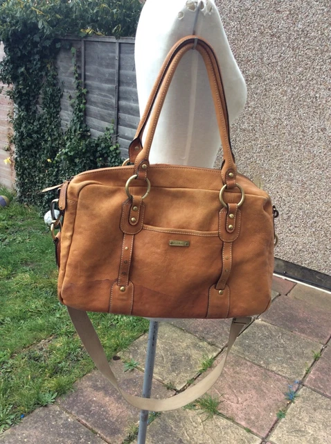 Storksak genuine tan leather sturdy baby bag + detachable strap + extras