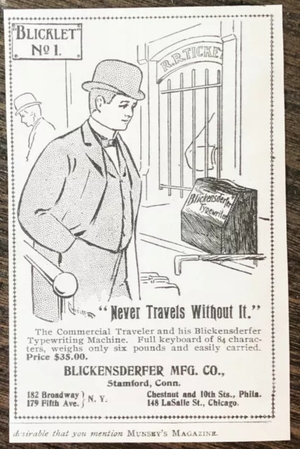 1899"BLICKLET NO.1"Travel Portable Typewriter Vtg Print Ad~Blickensderfer Mfg.Co