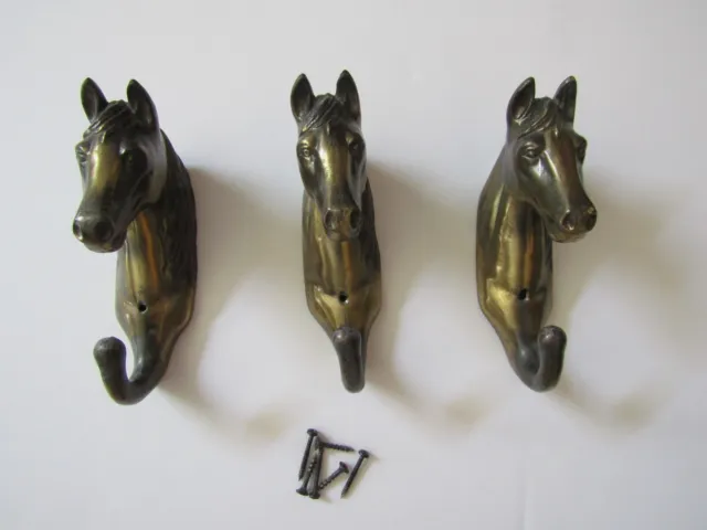 Brass Horse Head Hooks Lot Of 3 Sarsaparilla Designs 1990's Coat Wall Rustic