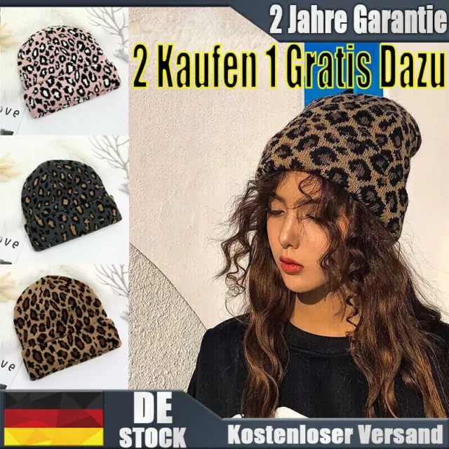 Beanie Strickmütze Tier Leopard Uhr Hut Winter Warm Mütze für Damen Mädchen DE