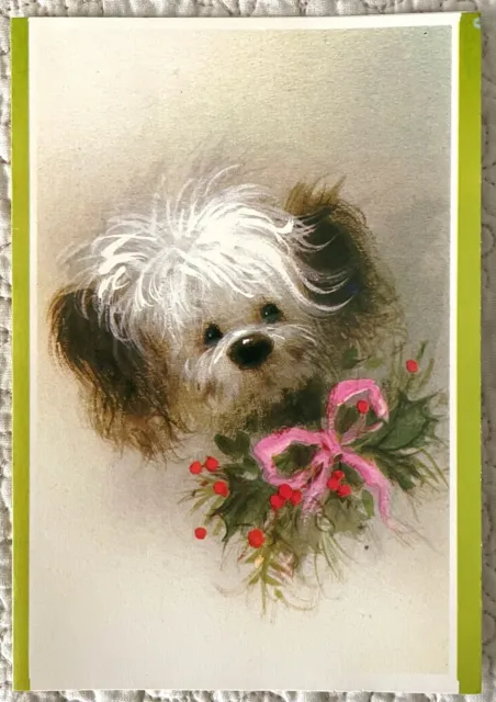 Unused Christmas Dog Puppy Pink Bow Retro MCM Vintage Greeting Card 1960s 1970s