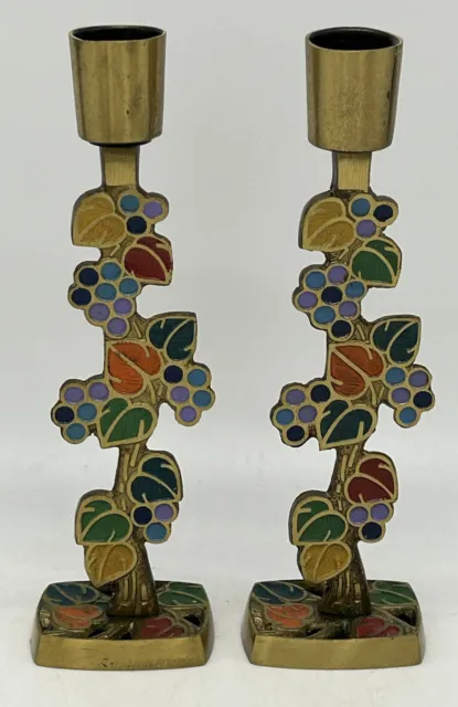 Set Of 2 Vintage Brass Candle Holders Enameled Grapes Sancta Guild Israel, 1970s