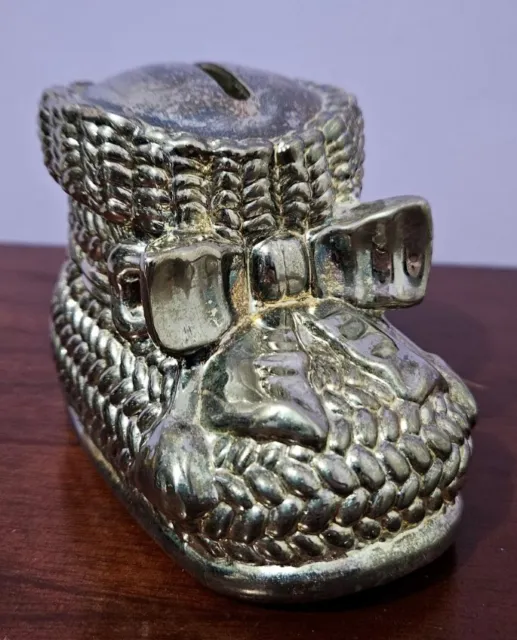 Baby Bootie Money Box, Silver Plated, Tarnished