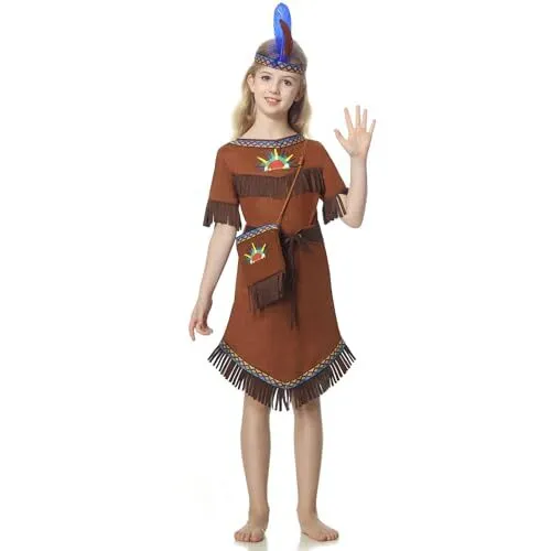 WELLCHY Indianer Kleid mit Indianer Kopfschmuck Feder Indianer Kostüm Kinder ...