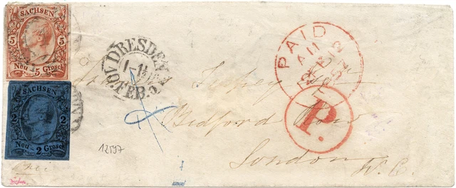AD – Sachsen – Mi.-Nr. 12 + 10a – Brief von Dresden nach London – 5Ngr. + 2Ngr.
