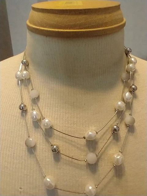 18"Signed Charming Charlie Wedding Station White Faux Pearl 3 Strand Necklace,