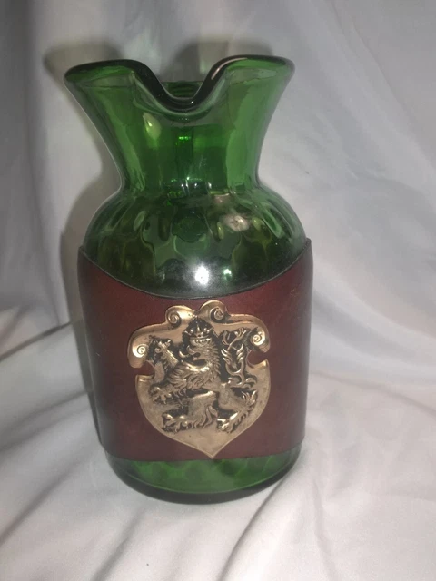 Vintage Green Art Glass Handle Pitcher with Leather Band and Coat of Arm Lion