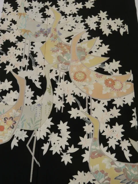 4i01z110 Japanese Kimono Silk  FABRIC Black Crane, Maple 45.7"