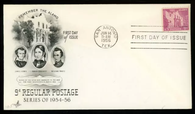 REMEMBER THE ALAMO SAN ANTONIO TEXAS 1956 ARTCRAFT CACHET bowie crockett FDC UNA