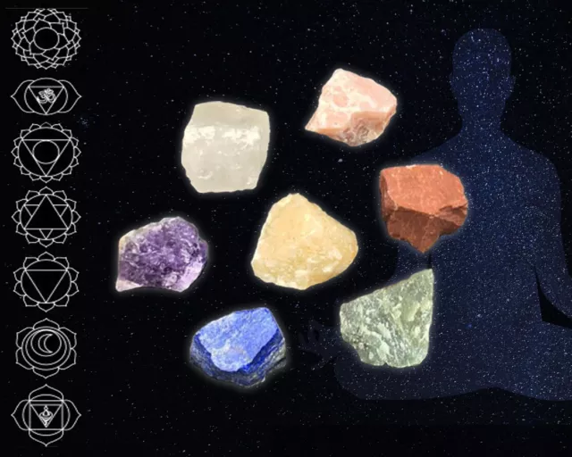 7 Chakra Stones Chunk Set with Velvet Pouch, Raw Chakra Healing Crystal, Reiki
