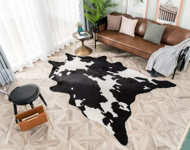 LARGE FAUX FUR COWHIDE RUGS LEATHER BLACK COW HIDE SKIN AREA CARPET 5x6.5 FEET 3