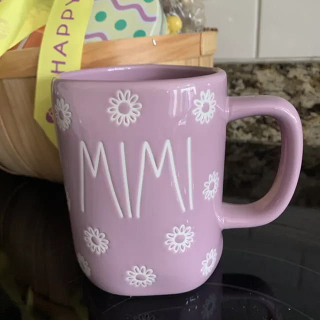 Rae Dunn "Mimi" Coffee Mug Solid Purple Color W/ Floral Pattern