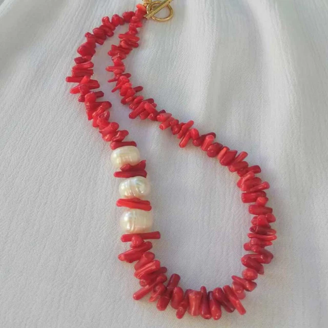 Natural Red coral branch Pearl Necklace 18 inches New Unisex Wedding Choker