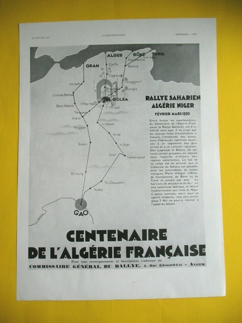 Publicite De Presse Centenaire Algerie Francaise Rallye Saharien Niger 1930