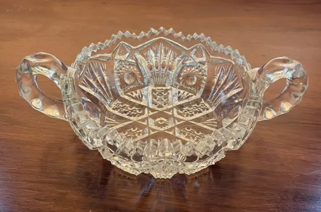American Brilliant Cut Crystal Glass Saw Tooth Edge Candy Dish Bowl 2 Handles