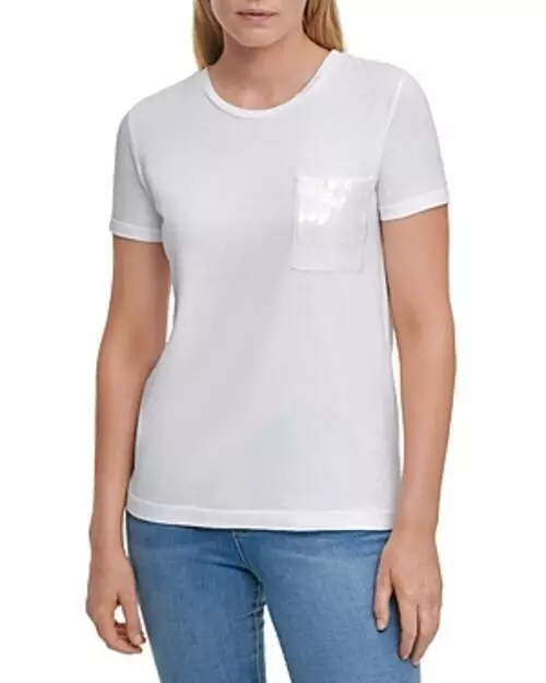 MSRP $49 Dkny Short Sleeve Sequin Pocket T-Shirt White Size Small (STAINED)