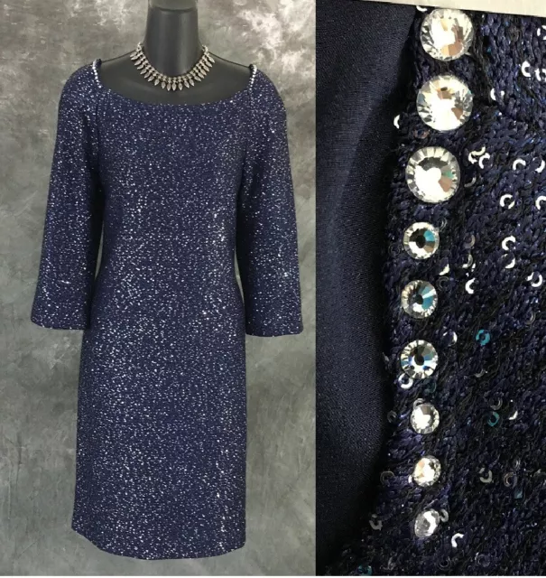 BEAUTIFUL St John evening knit blue rhinestones embellished dress size 10