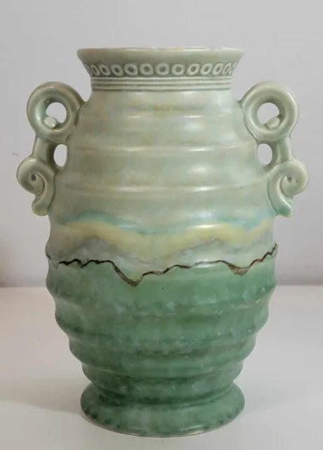 Vintage Art Deco Twin Handled Green Ceramic Vase By Beswick c 1930