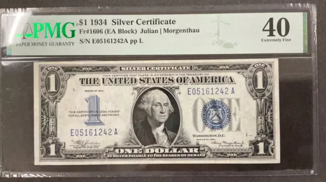 1934 $1 Silver Certificate Fr#1606 (EA Block) PMG 40 Extremely Fine