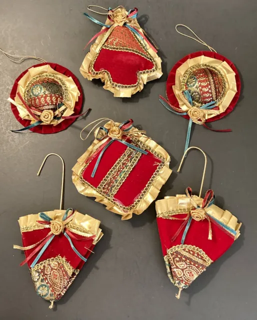 Unique Vintage Handmade Christmas Ornaments Set Of 6 Red Gold Hats Umbrellas