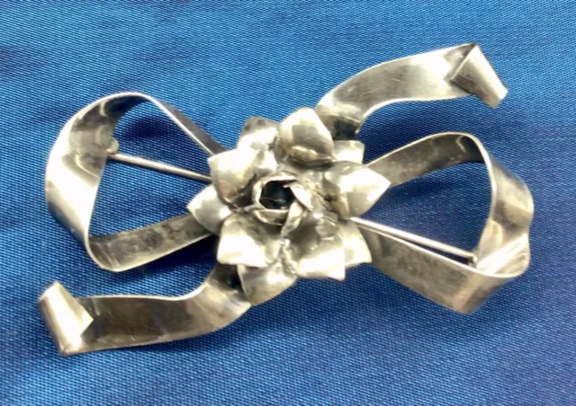 Vintage 1950s Raffaele Mid- Century Sterling Silver Rose With Bow Brooch Pin