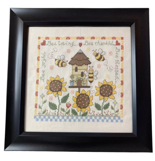 Handmade Completed Bee Cross Stitch Framed Sampler Sunflowers Birdhouse Hearts