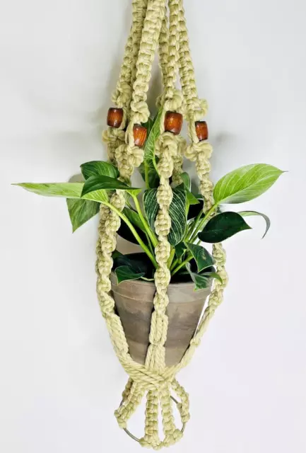 Macrame Plant Hanger Woven White Wood Beads 36" Long Vintage BOHO MCM