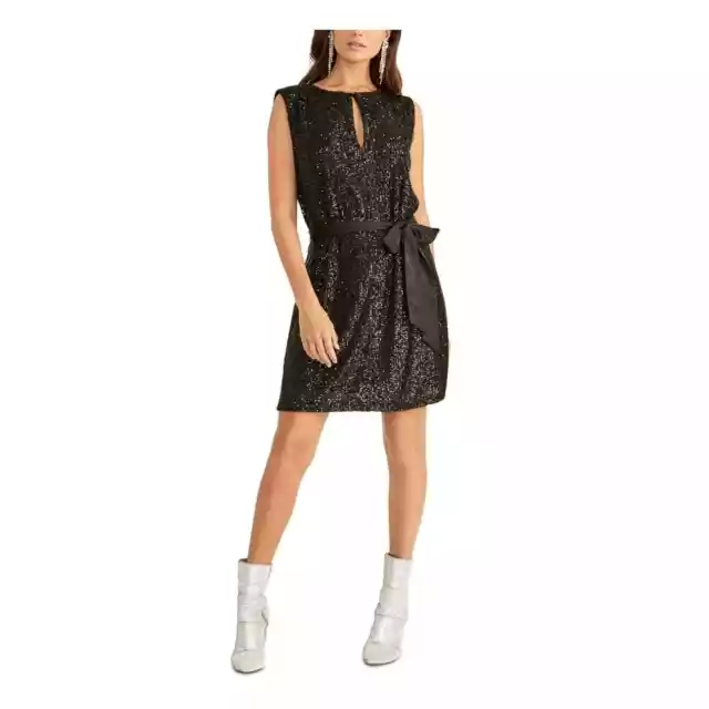 RACHEL Rachel Roy Black Glitter Sleeveless Keyhole Neck Shift Mini Dress Size XS