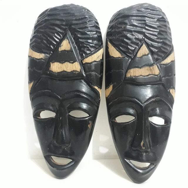 African Tribal Wood Face Mask Set Of 2 Vintage Hand Carved Wall Art Decor 23 Cm