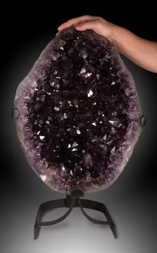 Large gorgeous amethyst half geode with stunning large crystal formation & Stand