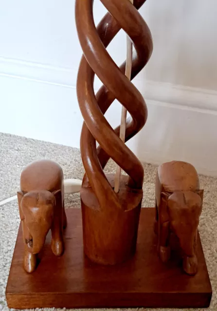 Vintage Wooden Hand Carved Elephant Lamp Cut Out Twist Column With 2 Elephant's.