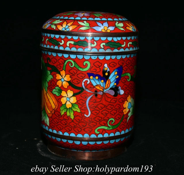 6" Old Chinese Bronze Enamel Cloisonne Butterfly Flower Lid Caddy Jar Pot