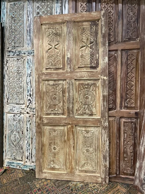 Limewash Sliding Door, Hand Carved India wood Door, Hanging Door, Closet, 80x36