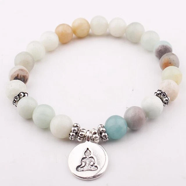 8mm Amazonite Gemstone Mala Bracelet pendant 7.5inches men yoga Tibet silver