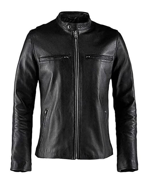 Jacket Leather Biker Motorcycle Mens Coat Vintage Bomber Lambskin Slim Black 109