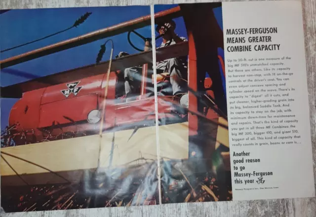 1966 Massey Ferguson Vintage 2-Page Print Ad Combine Harvest Corn Grain Farmer