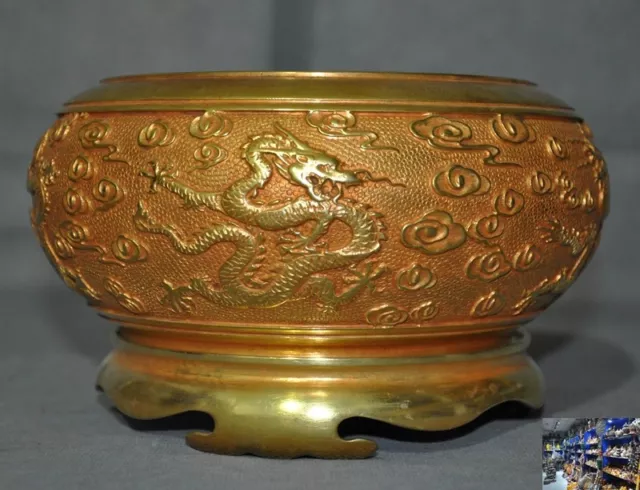 A 8" Marked old Chinese bronze 24k gold Gilt Dragon statue Incense Burner censer