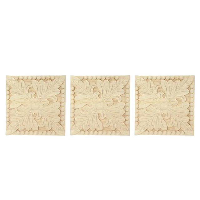 3 x applicazioni in legno naturale quadrate decalcomanie intaglio listelli decorativi in legno Fu Z1J1
