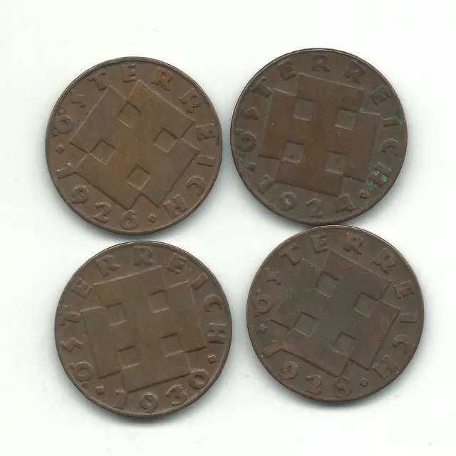 Better Grade Lot 4 Austria 2 Groschen Coins-1924,1926,1928,1930-Dec574