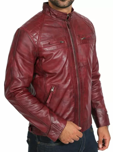 Men's Genuine Lambskin Leather Burgundy Jacket Motorcycle Biker Slim Fit Coat