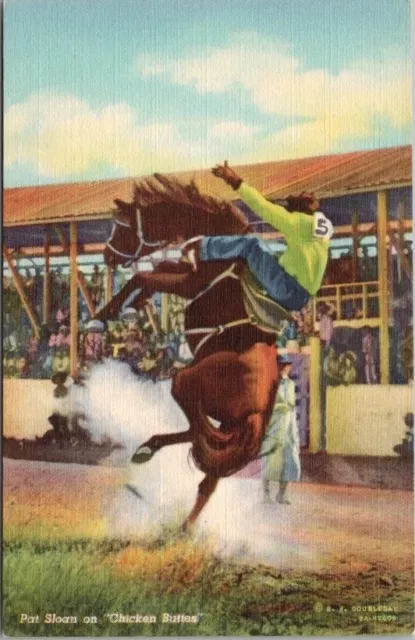 Rodeo Postcard Cowboy / Bronco "Pat Sloan on Chicken Buttes" Curteich Linen 1939