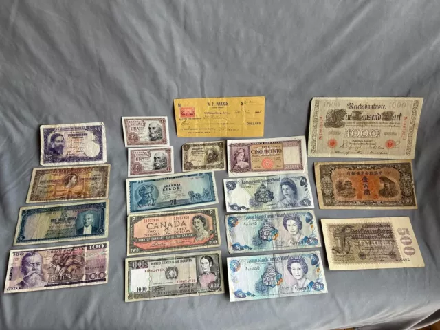 Lot of 18 Vintage Foreign Paper Bills 1898 Check 1951/3 Spain 1910/1923 Germany