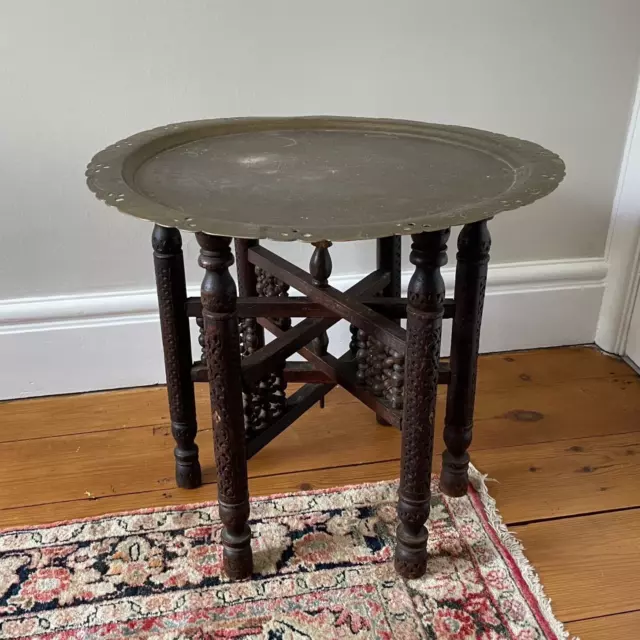 Antique Indian Table Side Coffee Brass Patterned Tray Wooden Traditional Fold